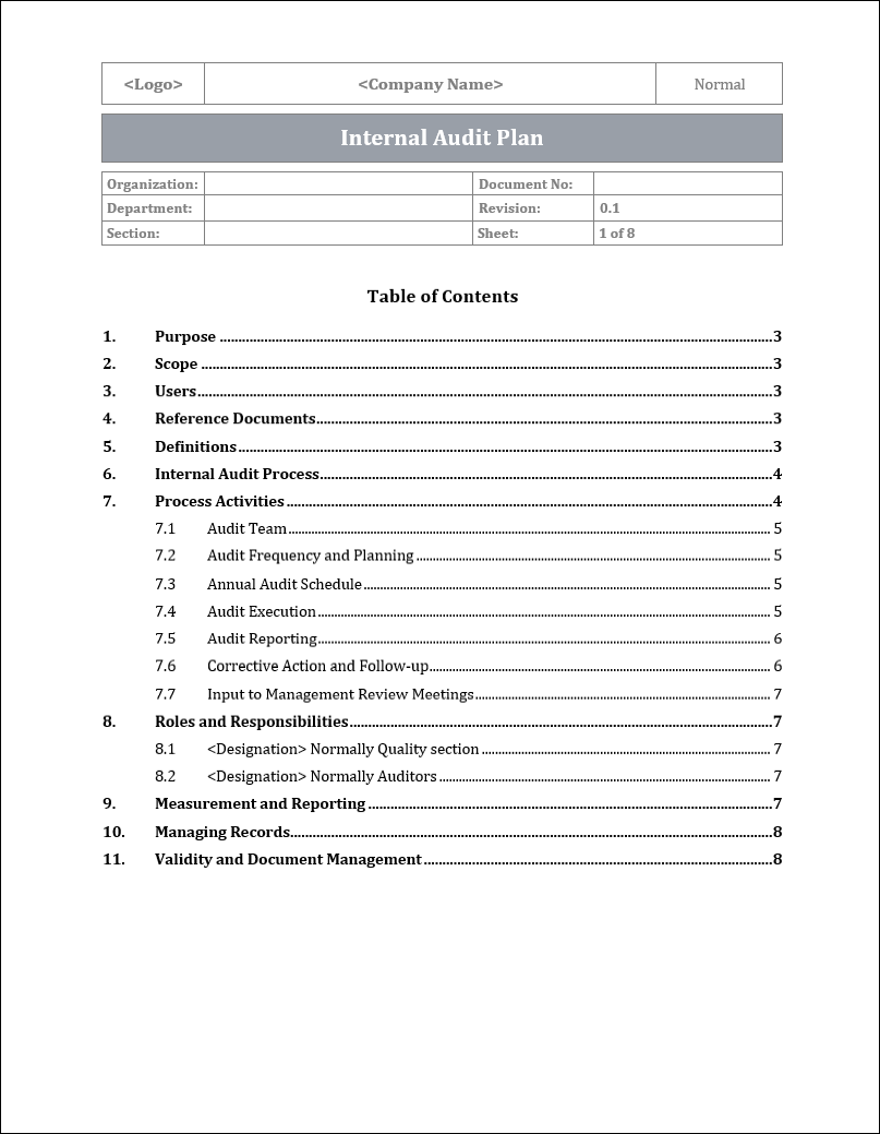 ISO 9001 QMS Internal Audit Plan ISO Templates and Documents Download