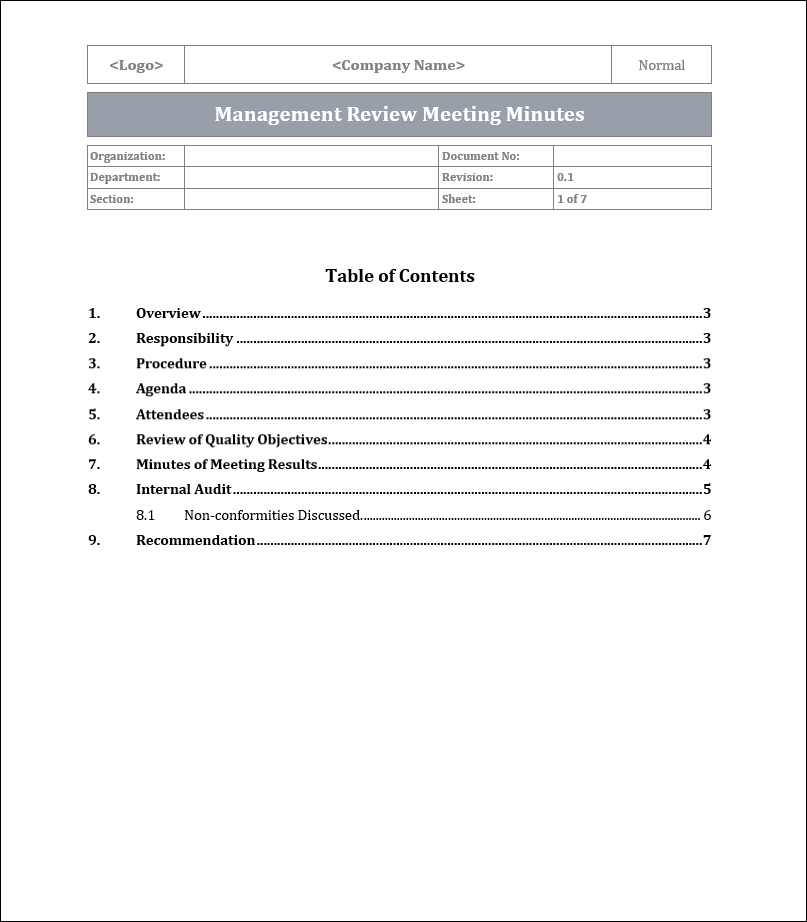 ISO 9001QMS Management Review Meeting Template ISO Templates and