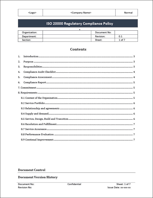 Iso 20000 Regulatory Compliance Policy Template Iso Templates And Documents Download 9003