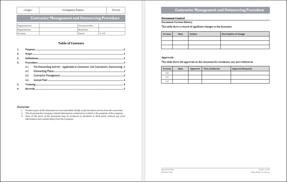 Contractor Management and Outsourcing Template – ISO Templates and ...