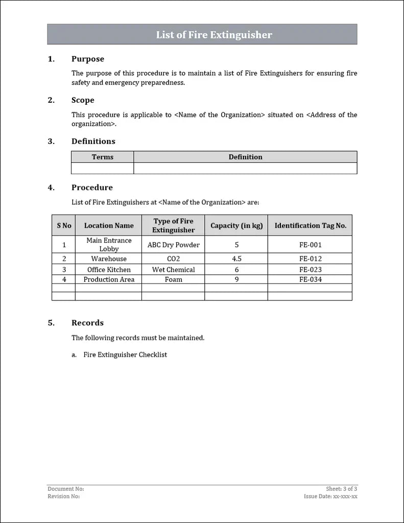 List of Fire Extinguisher – ISO Templates and Documents Download