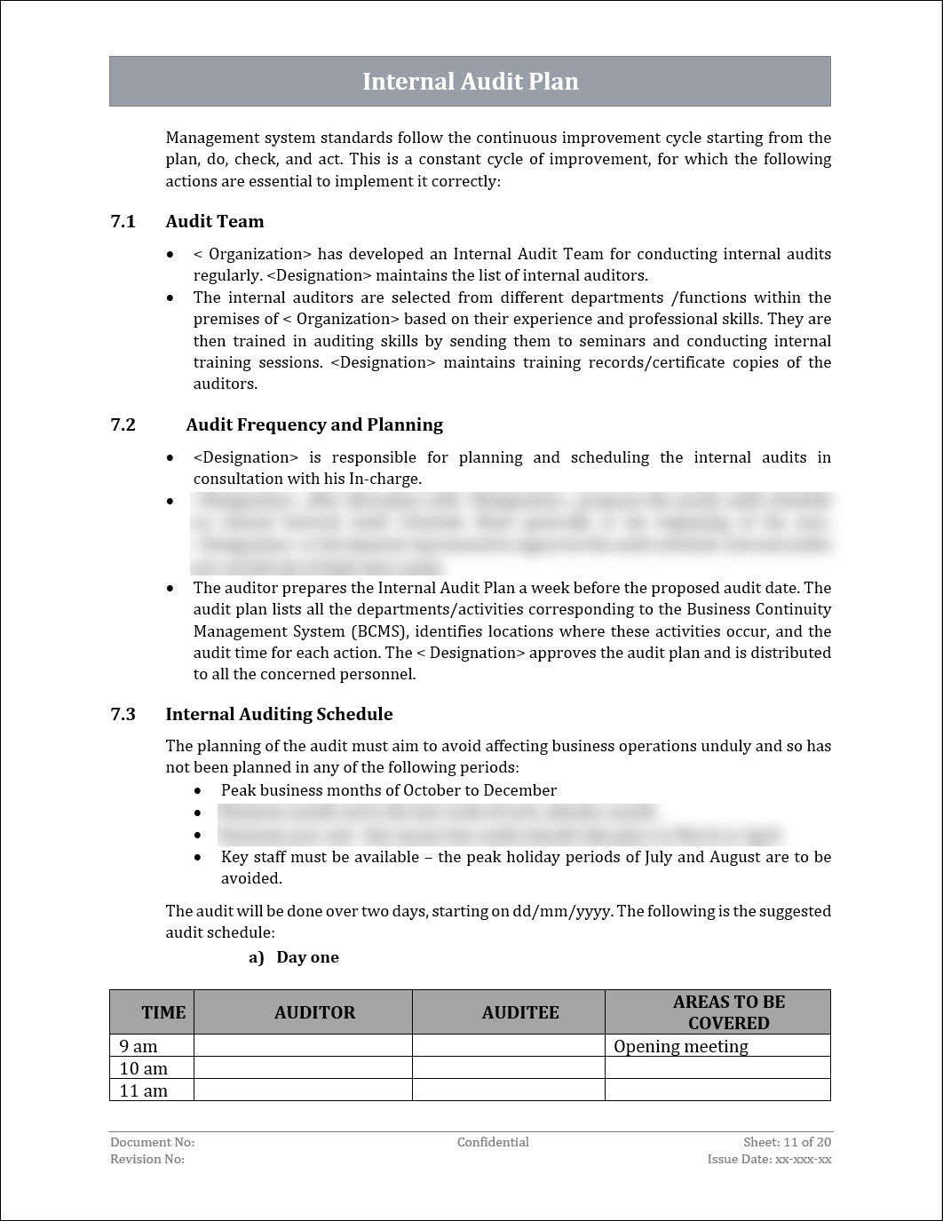 ISO 22301 Internal Audit Plan