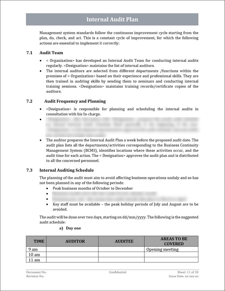 ISO 22301 Internal Audit Plan