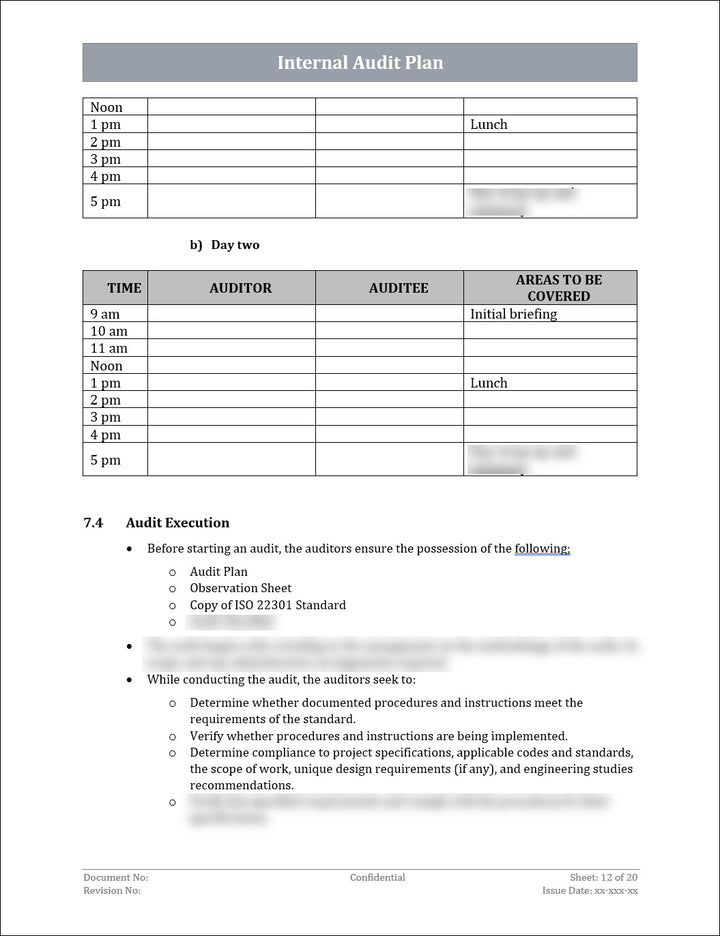 ISO 22301 Internal Audit Plan