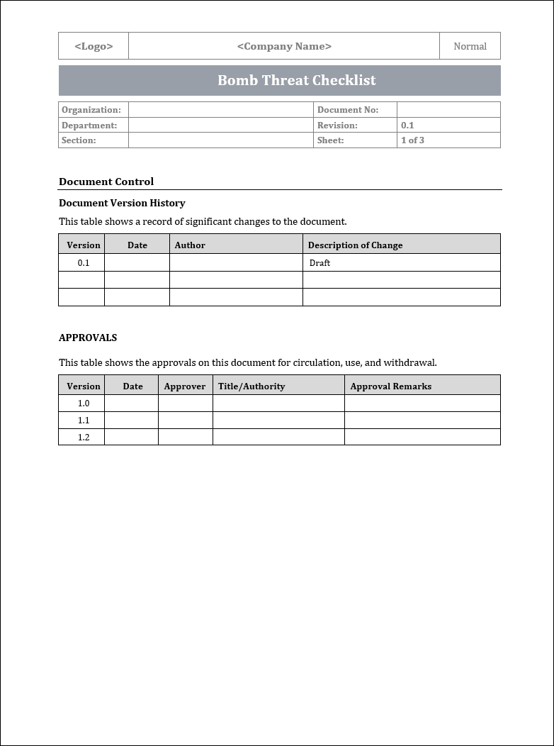 ISO 22301 Bomb Threat Checklist