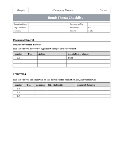 ISO 22301 Bomb Threat Checklist