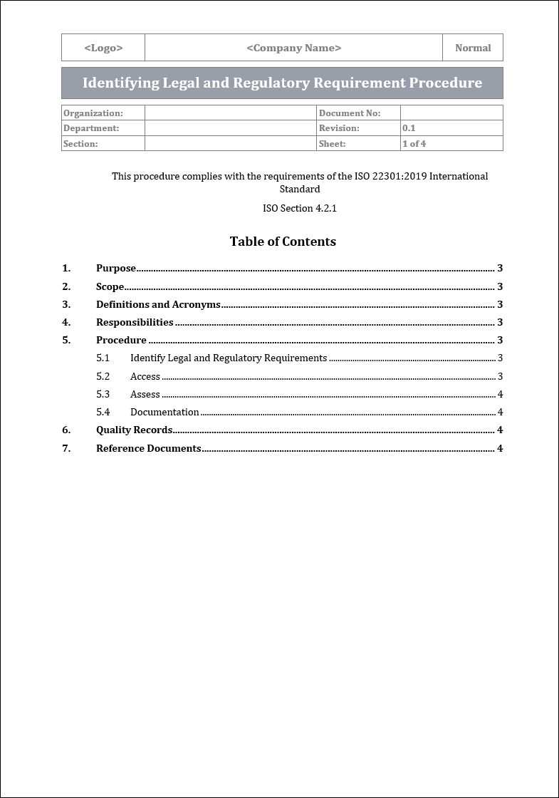 ISO 22301 Identifying Legal and Regulatory Requirements Procedure Template