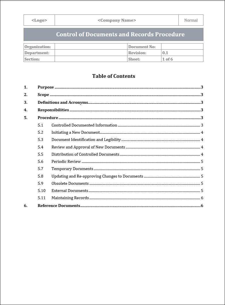 ISO 22301 Control of Documents and Records Procedure Template