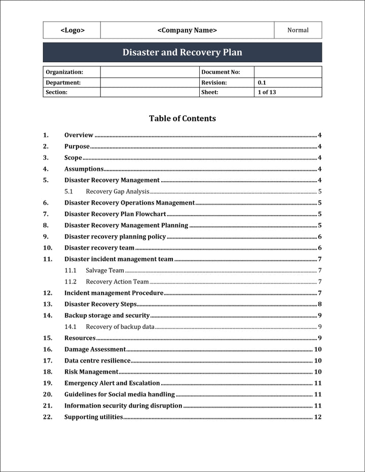 ISO 27001:2022 - Disaster And Recovery Plan Template