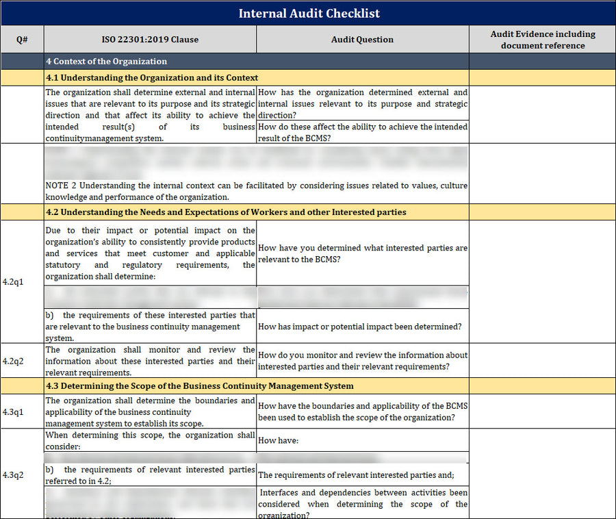 ISO 22301 Internal Audit Checklist Template