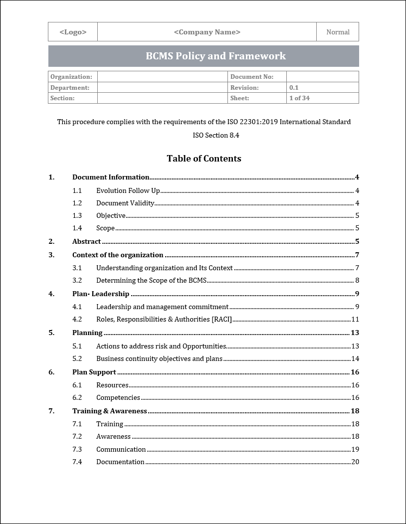 ISO 22301 Documentation Toolkit for Business Continuity