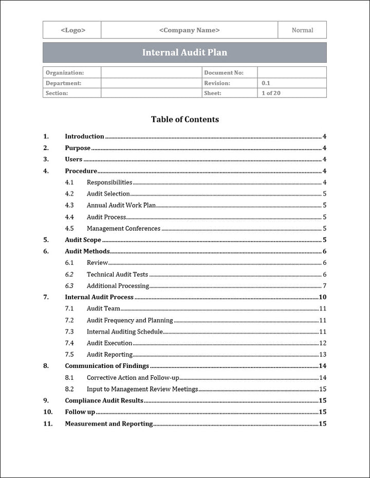 ISO 22301 Internal Audit Plan