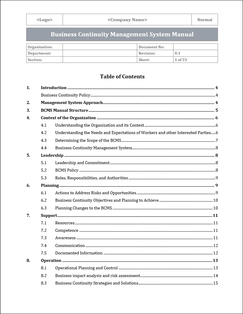 ISO 22301 Documentation Toolkit for Business Continuity