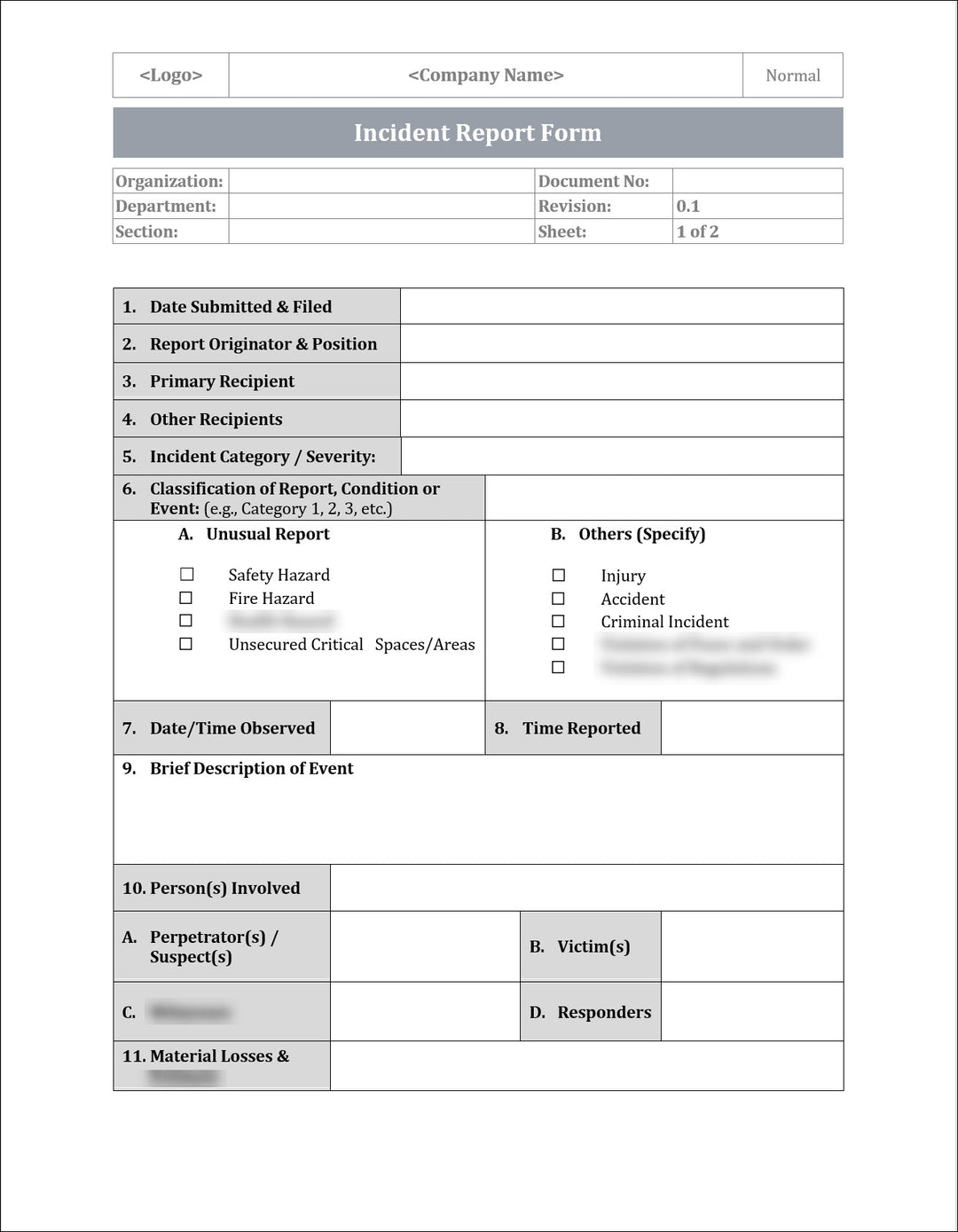 ISO 22301 Incident Report Form 