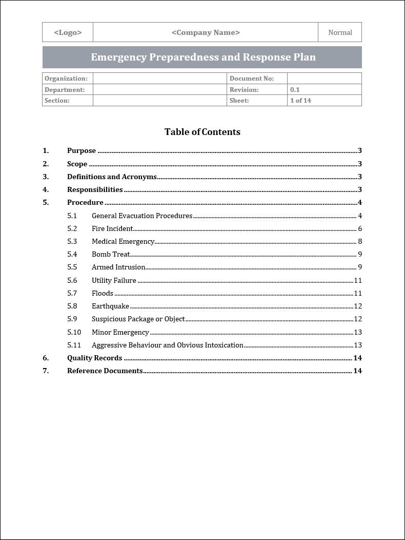 ISO 22301 Emergency Preparedness and Response Plan Template