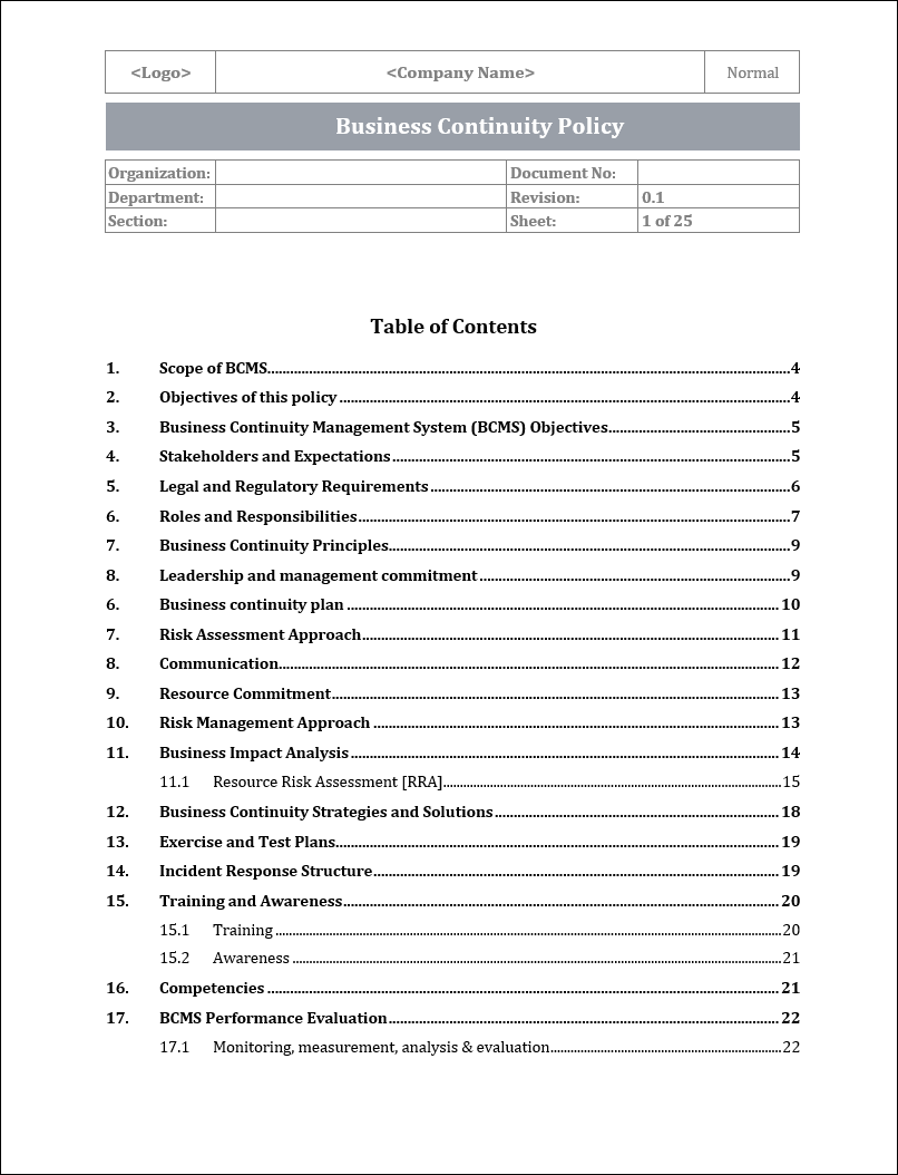 ISO 22301 BCMS Policy Template – ISO Templates and Documents Download