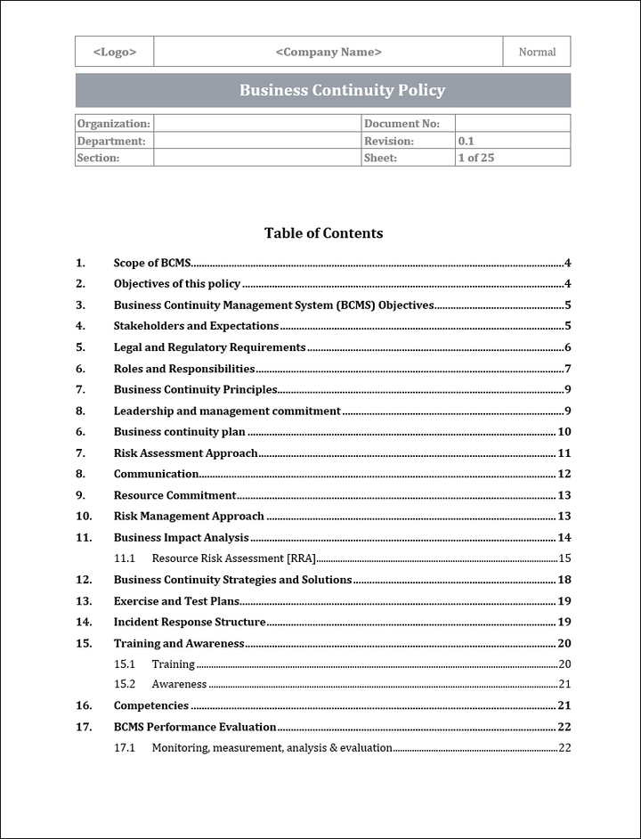 ISO 22301 Documentation Toolkit for Business Continuity