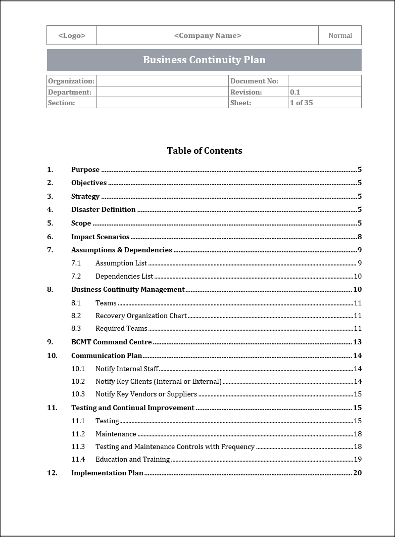 ISO 22301 Business Continuity Plan and Procedure Template