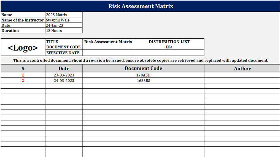 ISO 22301 Risk Assessment Register