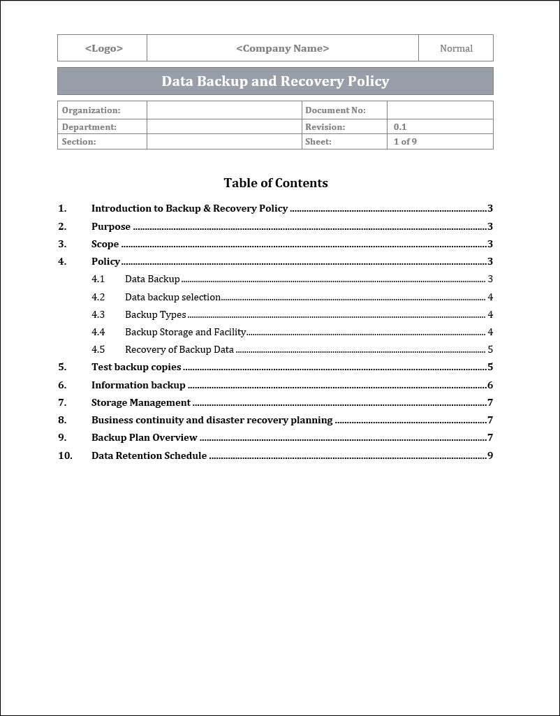 ISO 22301 Data Backup And Recovery Policy Template