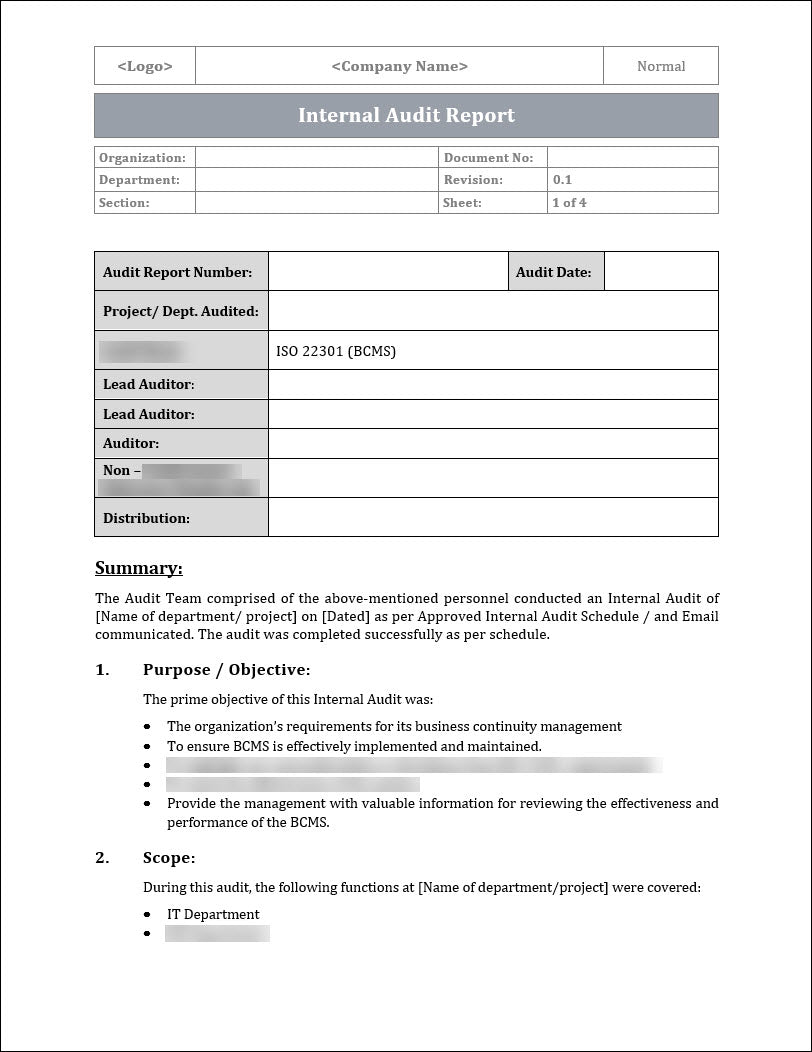 ISO 22301 Internal Audit Report 