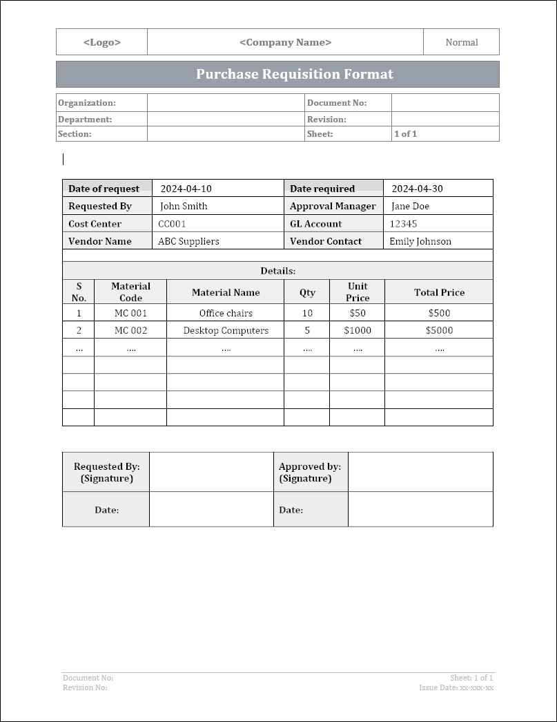 Purchase Requisition Template – Editable Word | ISO-Docs – ISO ...