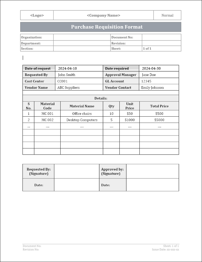 Purchase Requisition Template – Editable Word | ISO-Docs – ISO ...