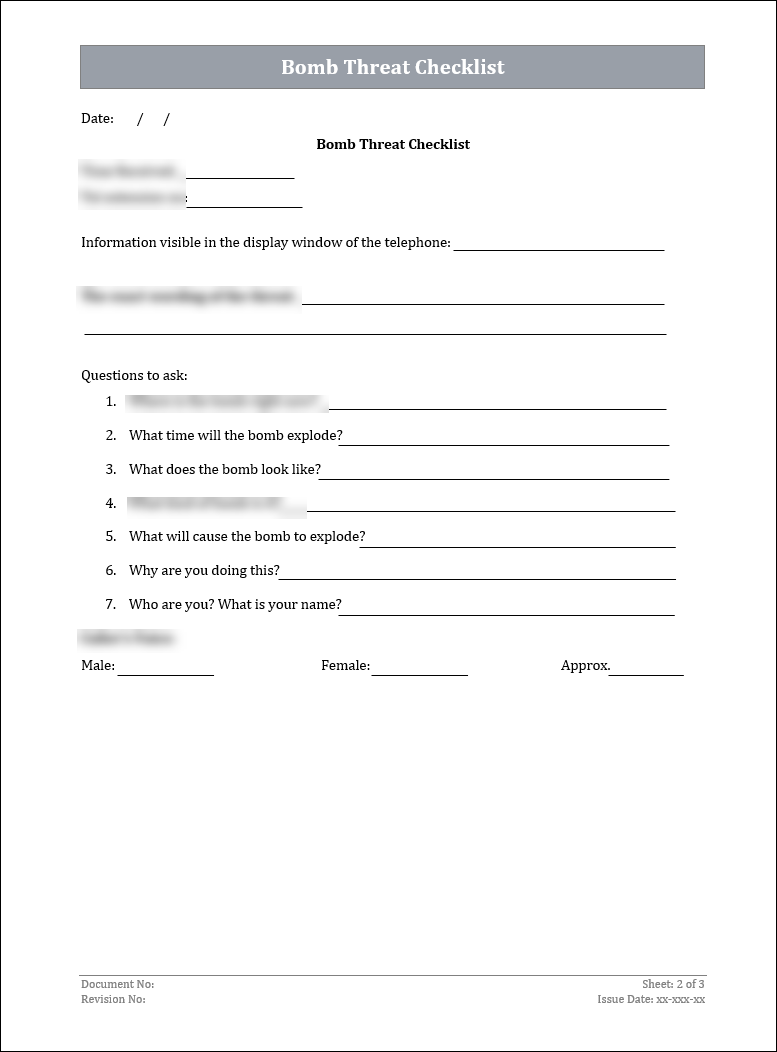 ISO 22301 Bomb Threat Checklist Template – ISO Templates and Documents ...