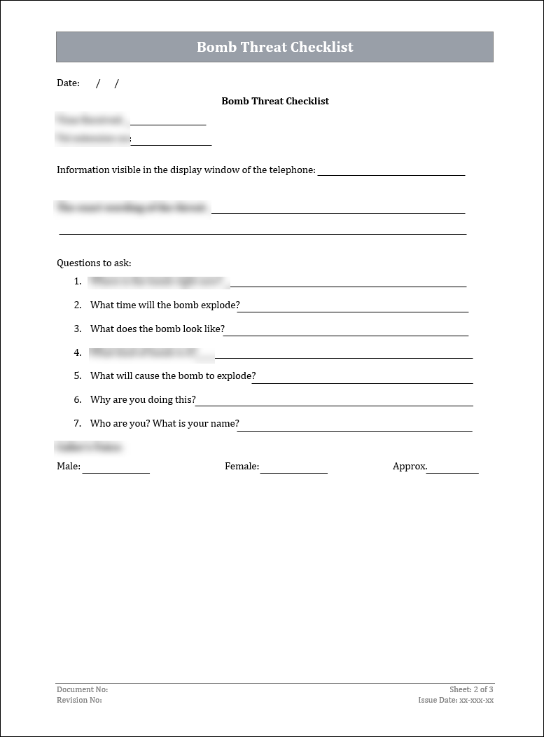 ISO 22301 Bomb Threat Checklist Template ISO Templates And Documents Iso 22301 bomb threat checklist template iso templates and documents