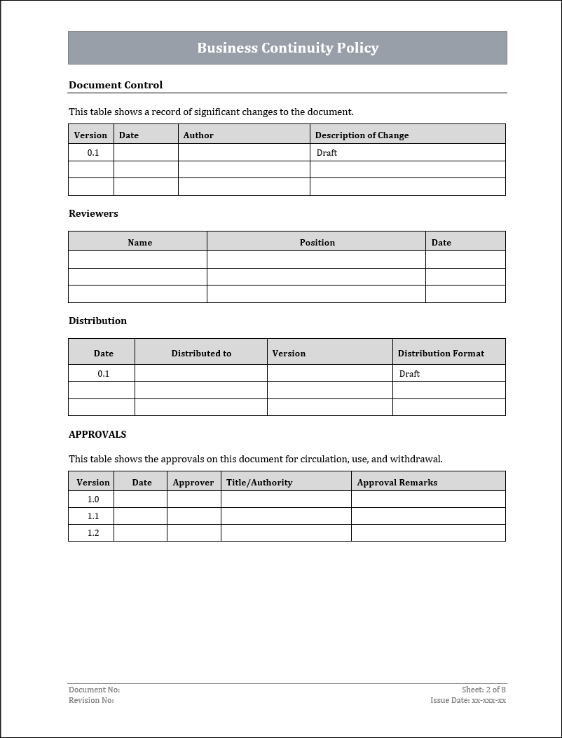 ISO 22301 Business Continuity Policy Template