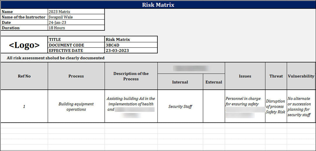 ISO 22301 Risk Assessment Register