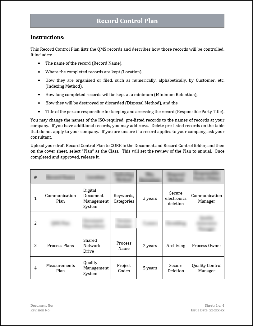 ISO 22301 Record Control Plan Template