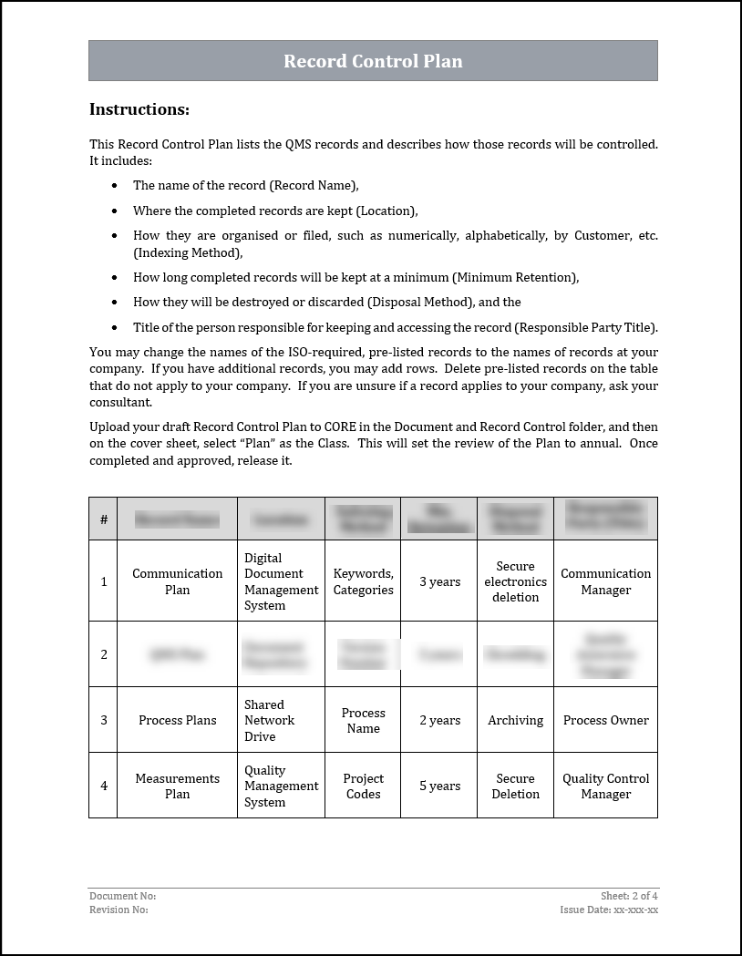 Control Record Sample ISO 22301 Record Control Plan Template – ISO Templates and Documents ...