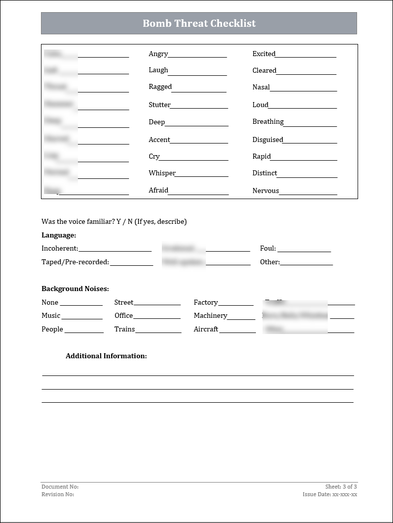 ISO 22301 Bomb Threat Checklist Template – ISO Templates and Documents ...