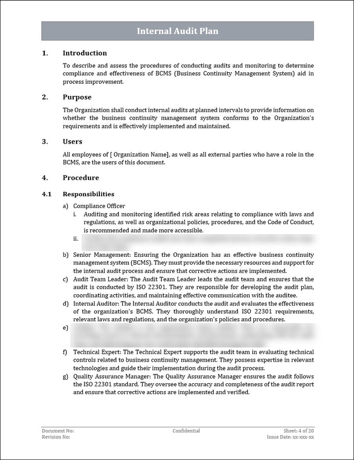 ISO 22301 Internal Audit Plan