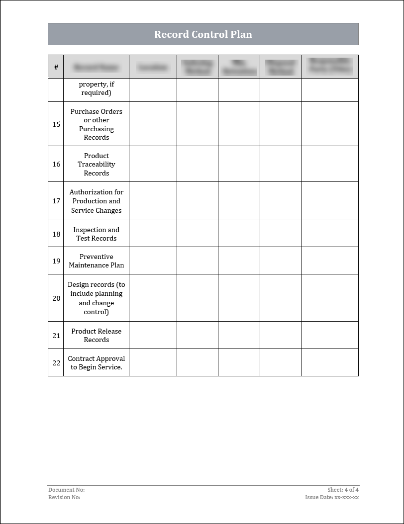 Control Record Sample ISO 22301 Record Control Plan Template – ISO Templates and Documents ...