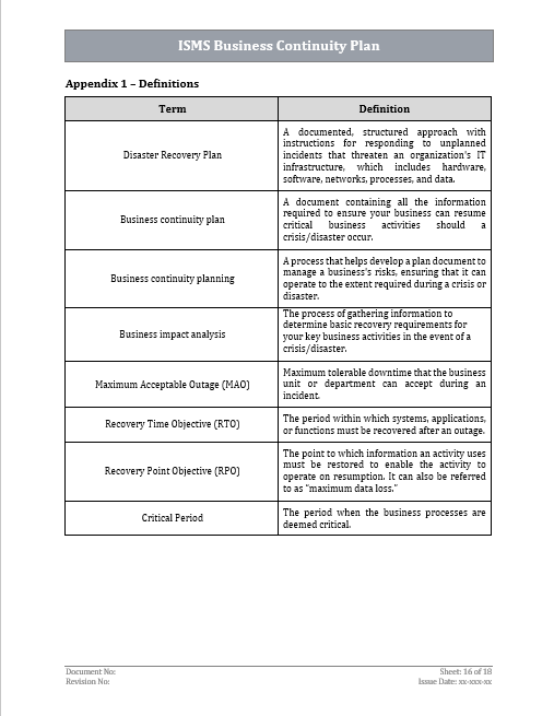 ISO 27001 Business Continuity Plan Template