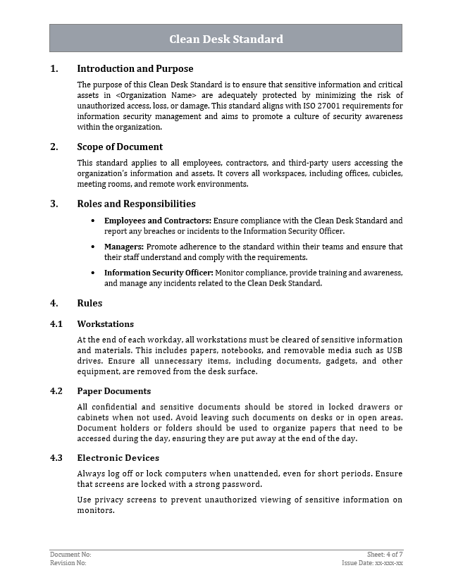 ISO 27001 - Clean Desk Standard Policy Template