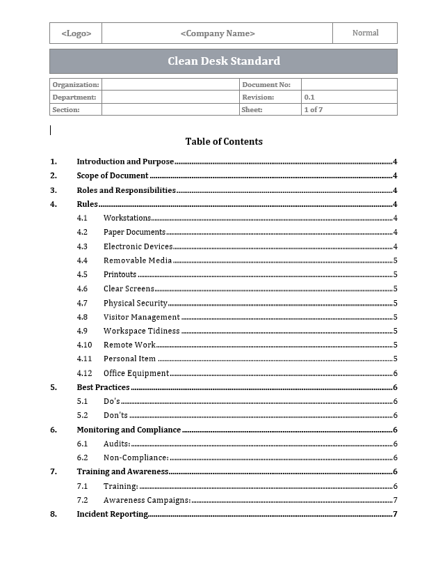 ISO 27001 - Clean Desk Standard Policy Template