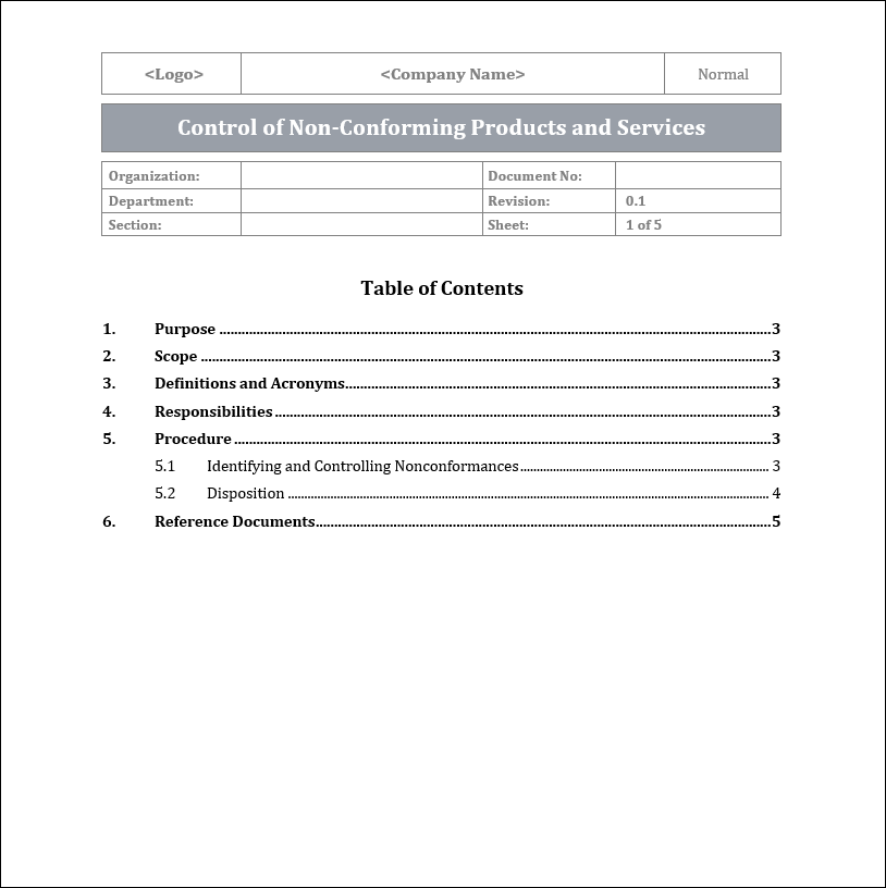 ISO 9001:QMS Control of Non-Conforming Products and Services Template ...