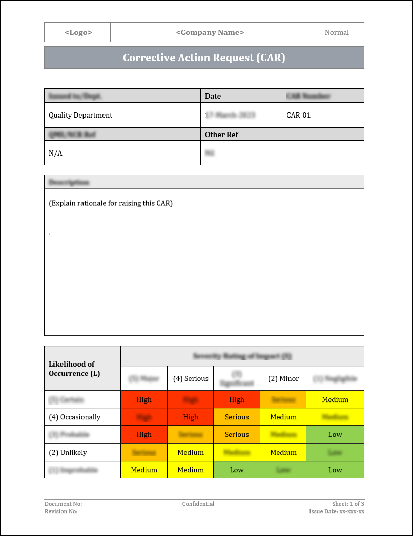 ISO 9001:QMS Corrective Action Request Template