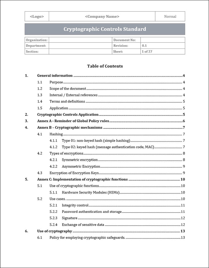 ISO 27001 - Cryptographic Controls Policy Template