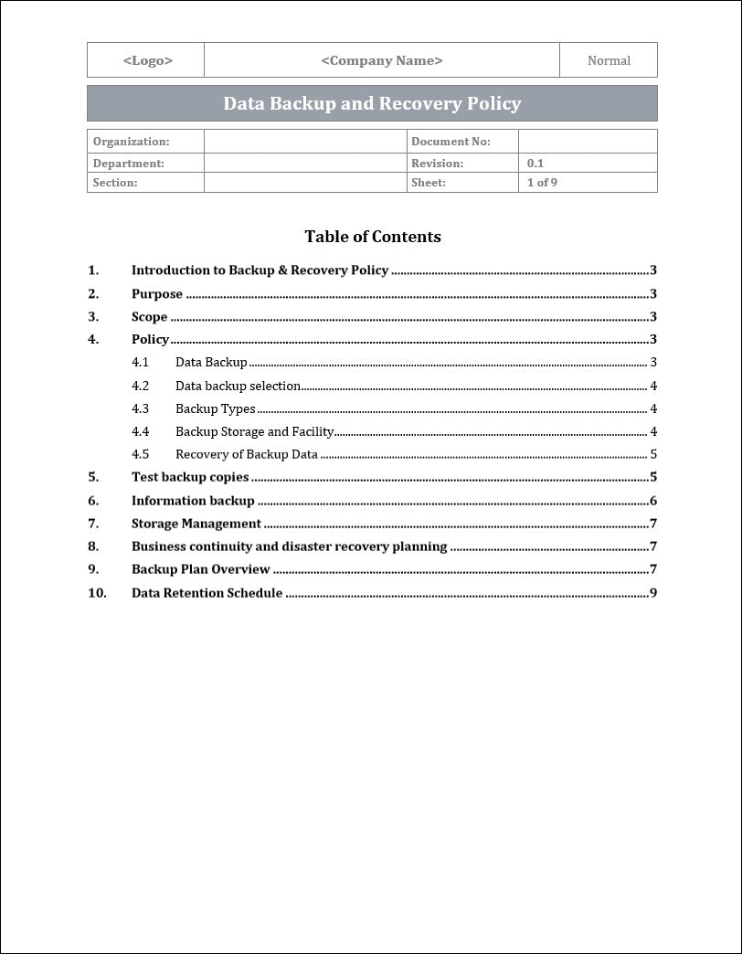 ISO 27001:2022 - Data Backup And Recovery Policy Template