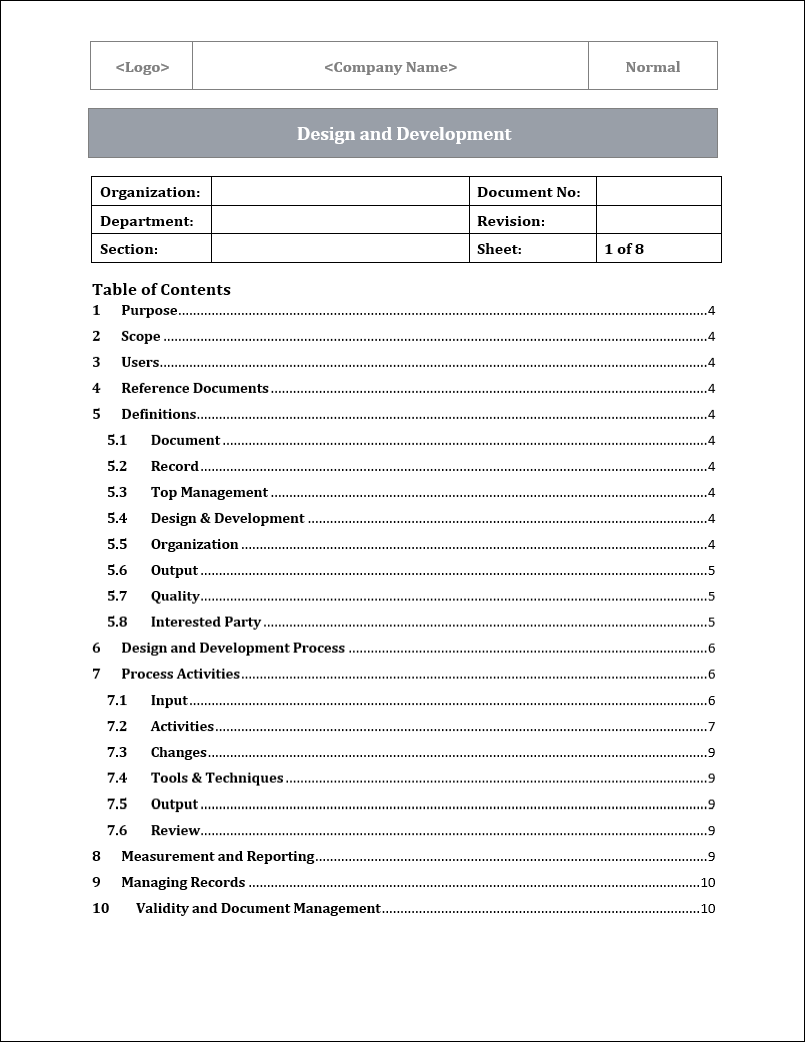 ISO 9001:QMS Design and Development Template