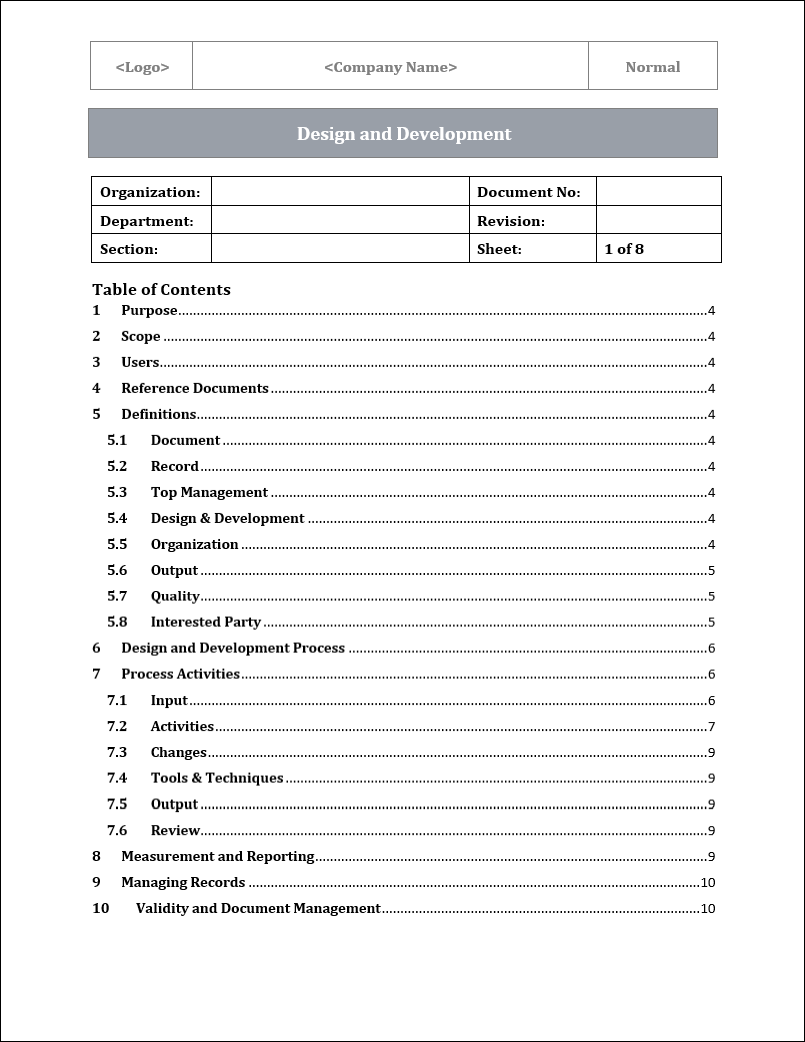 Iso Document Example ISO 9001:QMS Design and Development Template – ISO Templates and ...