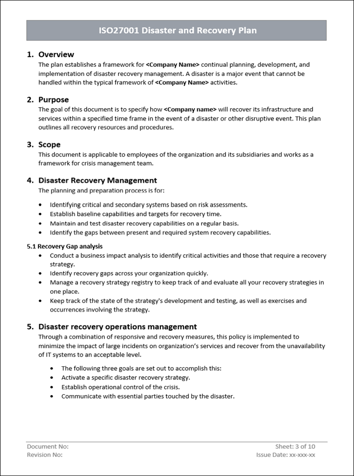 Disaster and recovery plan, Disaster and recovery plan overview