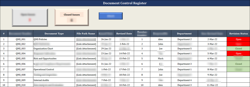 ISO 9001: QMS Document Control Register
