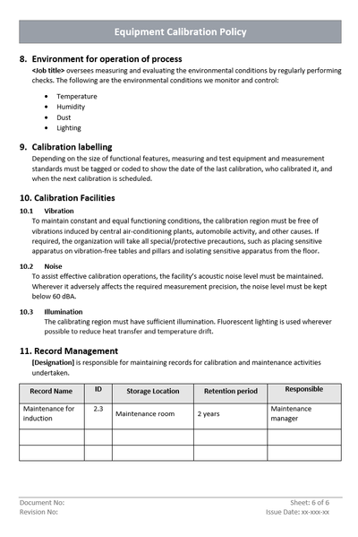 Equipment Calibration Policy Record Management 