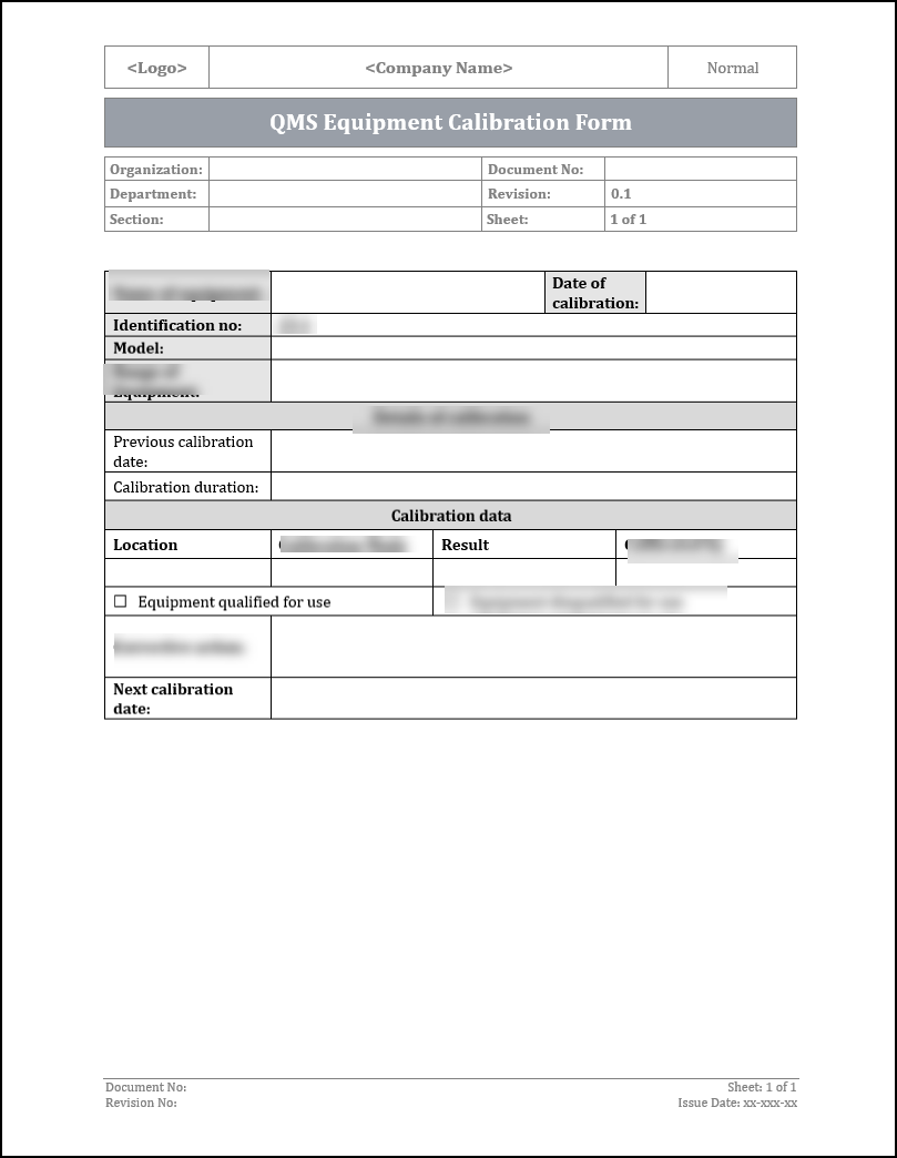 ISO 9001: QMS Equipment Calibration Form – ISO Templates and Documents ...