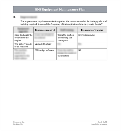 ISO 9001: QMS Equipment Maintenance Plan